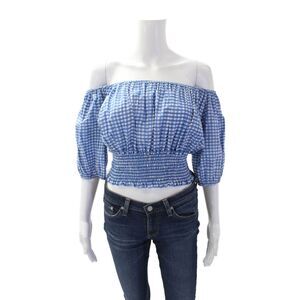 CJ Laing Womens Short Sleeve Off Shoulder Plaid Blouse Blue Cotton Size Medium